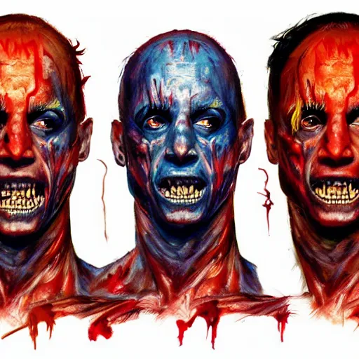 Image similar to Bright, colorful, realistic Serial killer rpg single individual headshot gore covered with scars and tattoos screaming, backlighting, kodachrome, high contrast, highly detailed, sharp focus, digital painting, concept art, illustration, trending on artstation, comic book by Alex Ross cover art