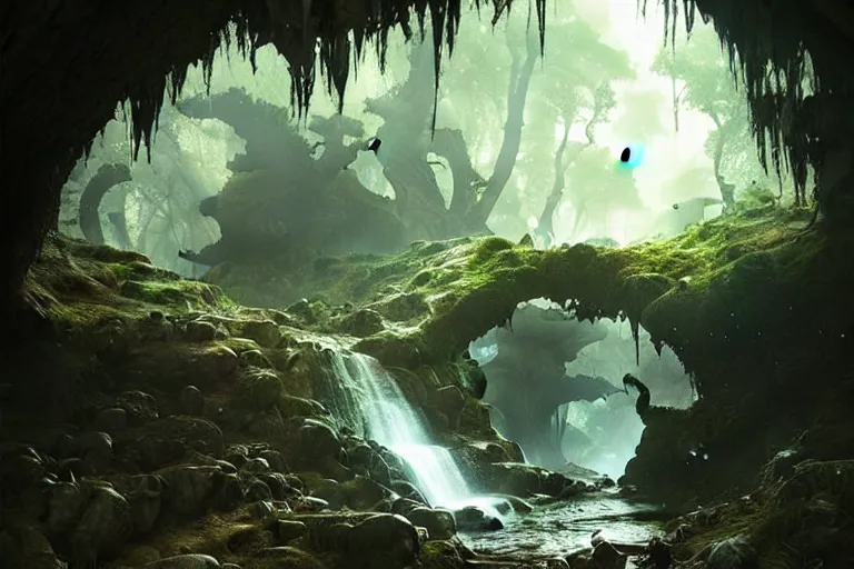 Prompt: cave entrance surrounded by trees with a small water stream coming out of it, shadow, fantasy, highly detailed, art by greg rutkowski