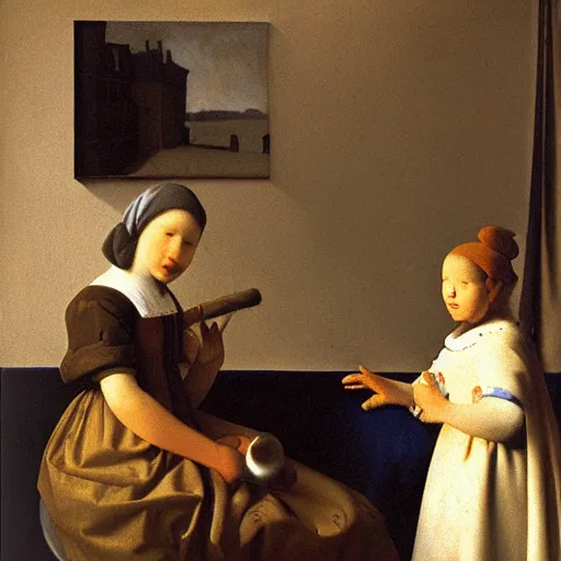 Prompt: Pearl with a girl by Vermeer, oil-painting, masterpiece