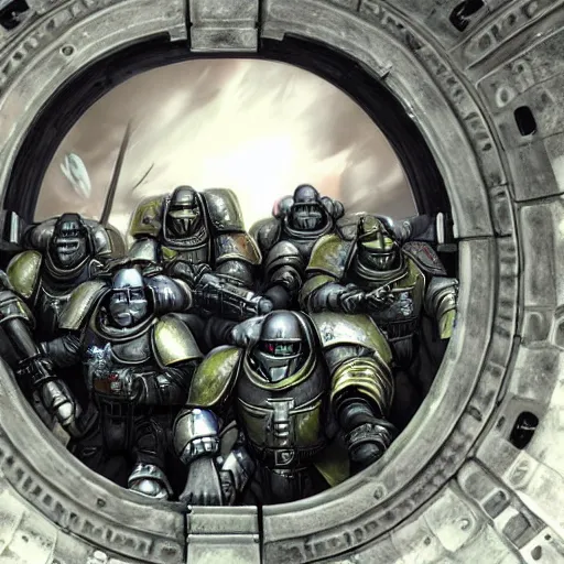 Image similar to historical photo of Warhammer 40k space marines emerging from a Stargate, hyper real, extremely detailed, 4K