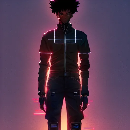 Prompt: a young black cyberpunk cowboy, tech wear, single subject, scenic full shot, ambient lighting, detailed face, by makoto shinkai, stanley artgerm lau, wlop, rossdraws