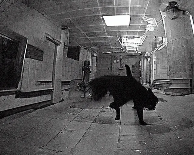 Image similar to camera footage of a Dozens of Feral Black Dogs with rabies in an abandoned shopping mall, high exposure, dark, monochrome, camera, grainy, CCTV, security camera footage, timestamp, zoomed in, Feral, fish-eye lens, Nightmare Fuel, Dog, Evil, Zerg, Brood Spreading, Motion Blur, horrifying, lunging at camera :4