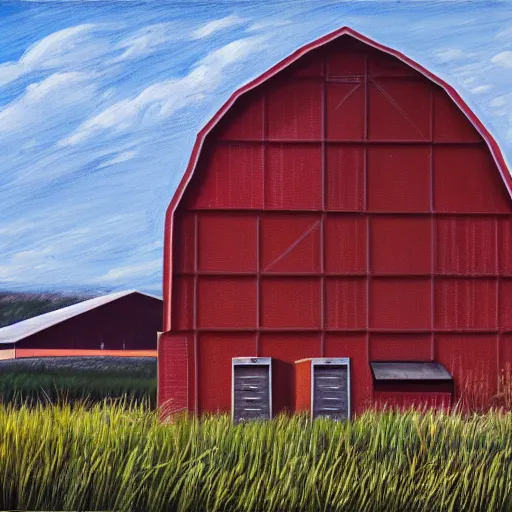 Image similar to exterior view of modern futuristic farm barn architecture, silo, feed troughs, cows, pigs, chickens, detailed luminescent oil painting 4 k