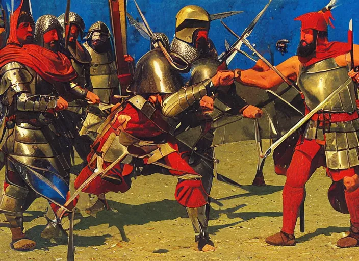 Image similar to dynamic combat scene between a Byzantine medieval warrior and a Turkish medieval warrior, by Angus McBride.