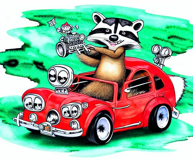 Image similar to cute and funny, racoon riding in a tiny hot rod coupe with oversized engine, ratfink style by ed roth, centered award winning watercolor pen illustration, isometric illustration by chihiro iwasaki, edited by range murata