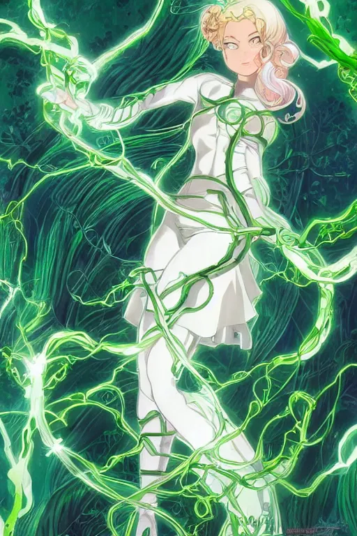 Prompt: anime key visual of a beautiful young female margot robbie green lantern!! in white silk clothing covered in vibrant green vines, intricate, magical forest, stunning, highly detailed, digital painting, artstation, smooth, hard focus, illustration, art by artgerm and greg rutkowski and alphonse mucha