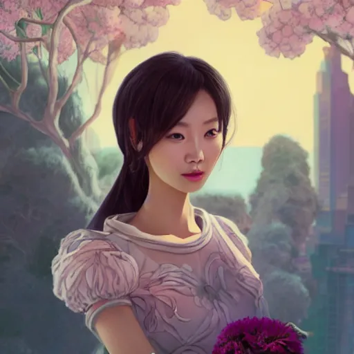 Image similar to portrait of hong jin - young, 홍진영, smiling with flowers in hands. sharp focus, cinematic pose, cinematic lighting, unreal engine render. art by josan gonzales and moebius and deathburger.