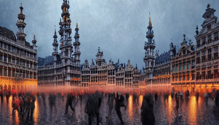 Prompt: grand place of brussels, rainy evening, people with umbrellas, hyperdetailed, artstation, cgsociety, 8 k