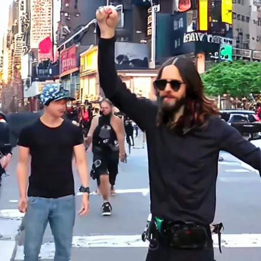Image similar to bodycam footage of jared leto going crazy pointing a knife at people, new york streets, wide angle, fisheye, uhd, 4 8 0 p, bodycam, paparazzi, bad quality
