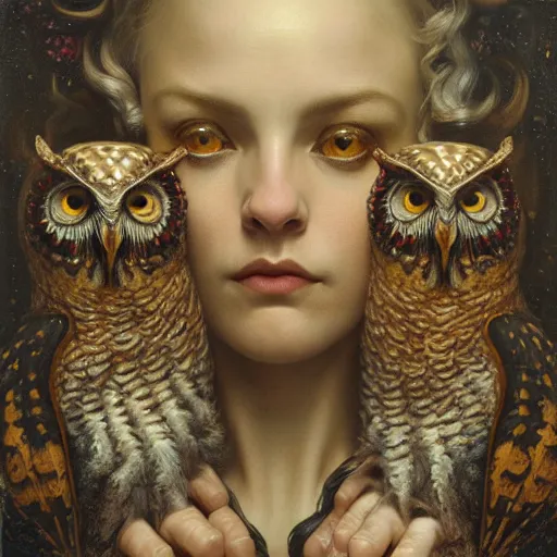 Image similar to highly detailed oil painting | very intricate | cinematic lighting | award - winning | wall mosaic of owls of nightmare relief | by roberto ferri, by tom bagshaw, by j. c. leyendecker and klimt, american romanticism, by austin osman spare, artstation, cgsociety, official art, octane