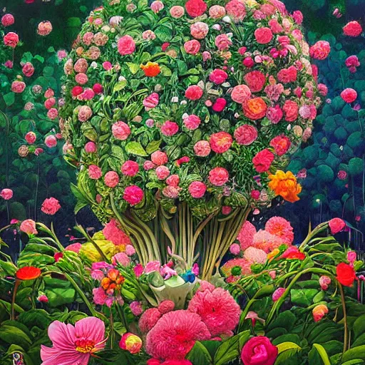 Prompt: hyper detailed painting- surreal flowers bushes everywhere, long petals, entangled foliage, glowing blossoms, huge blossoms, art by James Jean, Masterpiece, Edward Hopper and James Gilleard, Ross Tran, Mark Ryden, Wolfgang Lettl, hints of Yayoi Kasuma, surreal