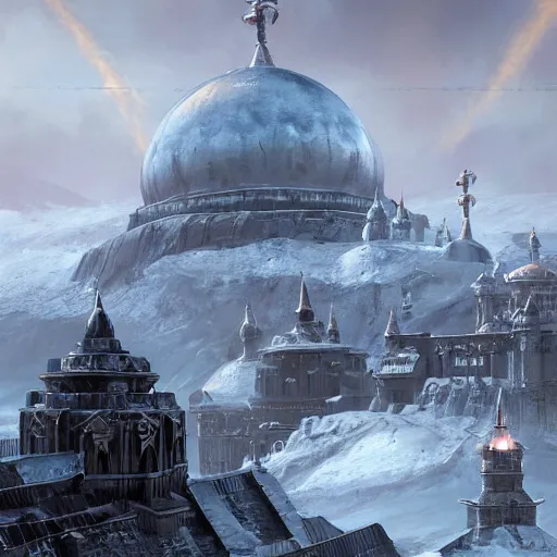 Image similar to The capital of a warhammer 40k imperial russian citadel, black domes and spires, sci fi, located in the frozen northern wastes, snow capped mountains, fantasy, highly detailed, digital painting, artstation, concept art, illustration, art by Bayard Wu and Marc Simonetti and Diego Gisbert Llorens