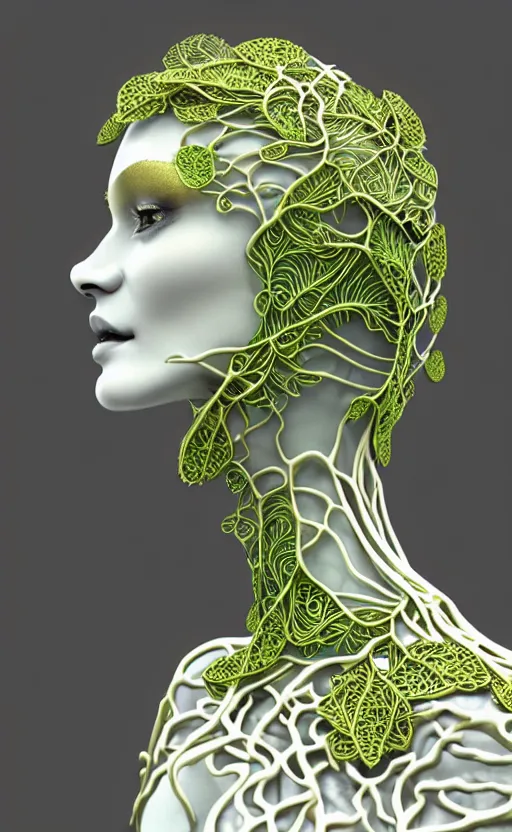 Image similar to complex 3d render of a beautiful porcelain profile woman face, vegetal dragon cyborg, 150 mm, beautiful natural soft light, rim light, silver gold metallic details, magnolia lime green big leaves and stems, ultra detailed , roots, fine lace, maze like, mandelbot fractal, anatomical, facial muscles, cable wires, microchip, elegant, white metallic armour, octane render, black and white, H.R. Giger style