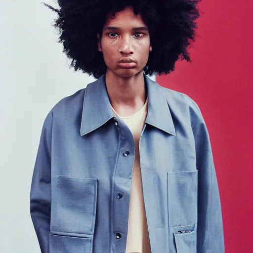 Image similar to realistic photoshooting for a new balenciaga lookbook color film photography of a beautiful woman model, model wears a workwear jacket, photo in style of tyler mitchell, ssense