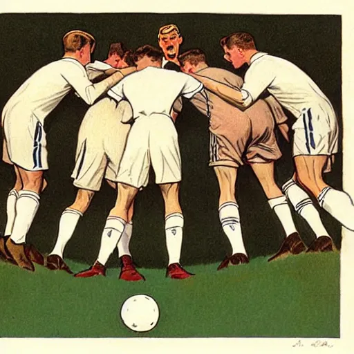 Prompt: 1920s full color illustration by J.C. Leyendecker of handsome male soccer players in a huddle on the field, soccer ball on the ground in between the handsome soccer players