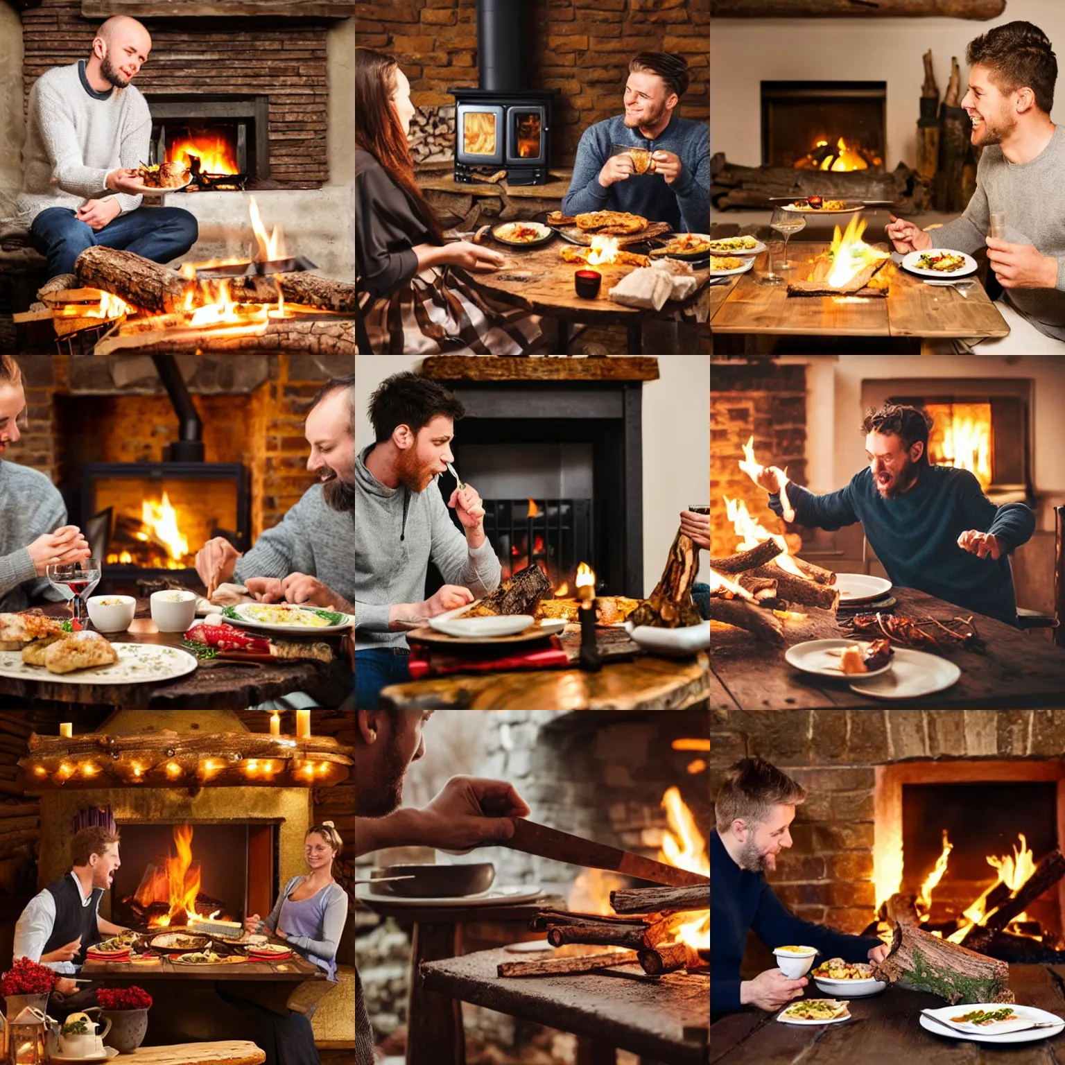 Prompt: man eating dinner with a log fire on a table romantic