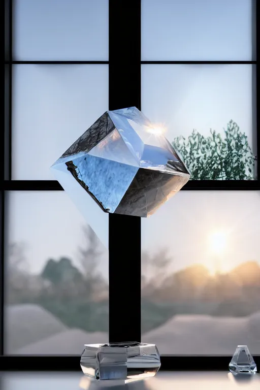 Image similar to a giant cubic crystal on a white table near a window at sunset, hyperrealistic, highly detailed, high qualit, 8K, godrays, warm lighting, path traced, high coherence, calm, macro photo, symmetrical, photorealistic, low contrast, serene landscape, beautiful, geometric, octane render