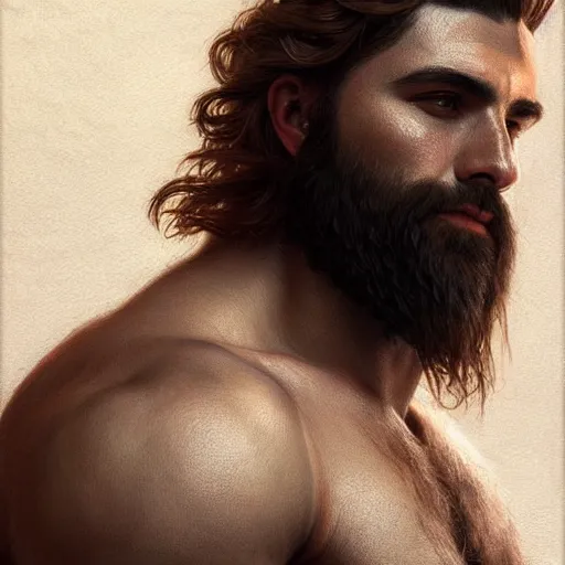 Image similar to very very very epic portrait of the greek man patroclus, soft hair, muscular, half body, leather, hairy, d & d, fantasy, intricate, elegant, highly detailed, digital painting, artstation, concept art, smooth, sharp focus, illustration, art by artgerm and greg rutkowski and alphonse mucha