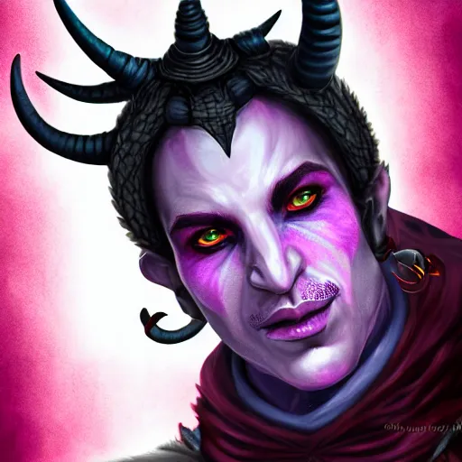 Image similar to detailed, symmetrical, close - up, airbrush art portrait of a male level 1 tiefling d & d bard | he has purple skin and red horns | background is black and red
