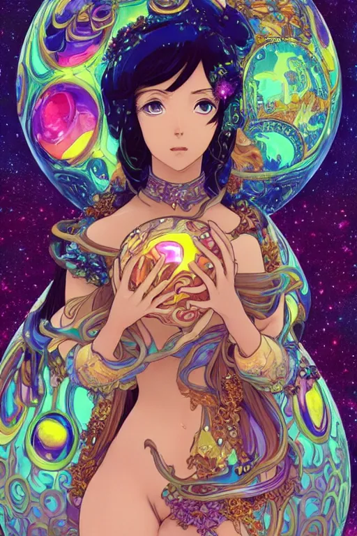 Image similar to psychedelic, intricate, highly detailed, anime, 4k, beautiful seductive slime girl holding a huge orb containing the universe, with professional makeup, long trippy hair, surrounded by gems, underneath the stars, trending on patreon, deviantart, twitter, artstation, volumetric lighting, heavy contrast, by artgerm and Ilya Kuvshinov and alphonse mucha, interstellar galaxy