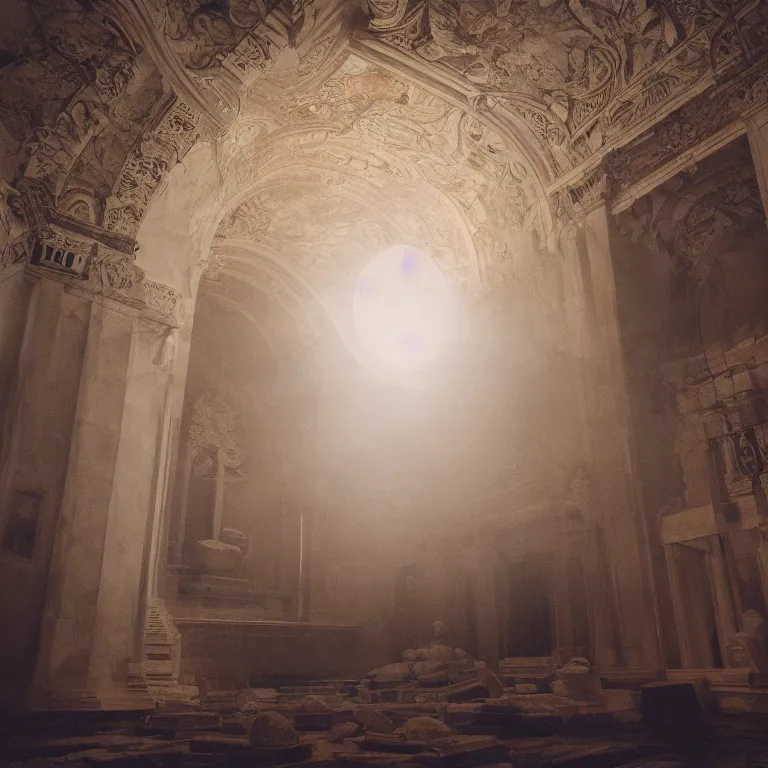 Prompt: a surreal explosion inside a marble temple, film photo, soft lighting album cover, nostalgia, gradient, light reflection