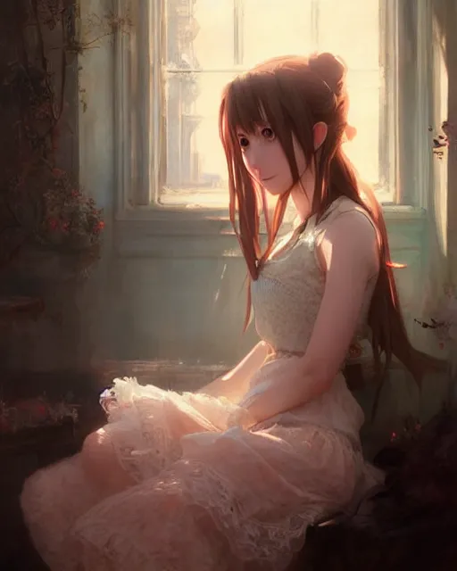 Prompt: aerith gainsborough in lace skirt, portrait, illustration, rim light, top light, perfectly shaded, soft painting, art by krenz cushart and wenjun lin