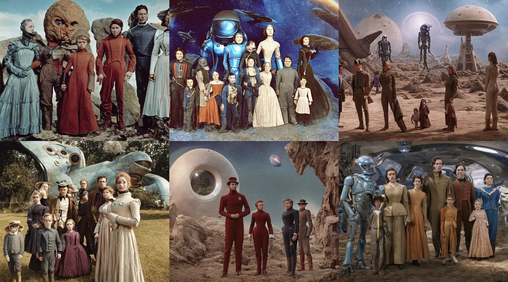 Prompt: 16k film still from a sci fi blockbuster color movie made in 2022, set in 1860, of a family standing in front of a spaceship that has just landed on an alien planet, a humanoid alien creature stands nearby, the family are all wearing 1850s era clothes, cinematic lighting, human faces, extremely good lighting, 35mm macro lens, winner of seven oscars