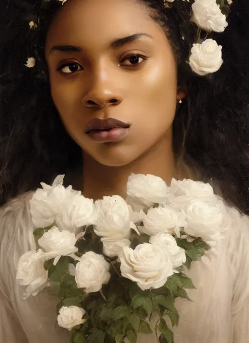 Prompt: oil painting close up portrait of a contemplative young black woman with long flowing hair in a white dress, wearing a crown of white roses!! at sunset, hazy, digital art, chiaroscuro, artstation, cinematic, golden hour, concept art, digital art painting by greg rutkowski, william - adolphe bouguereau, hazy atmosphere, cinematic lighting, flowers