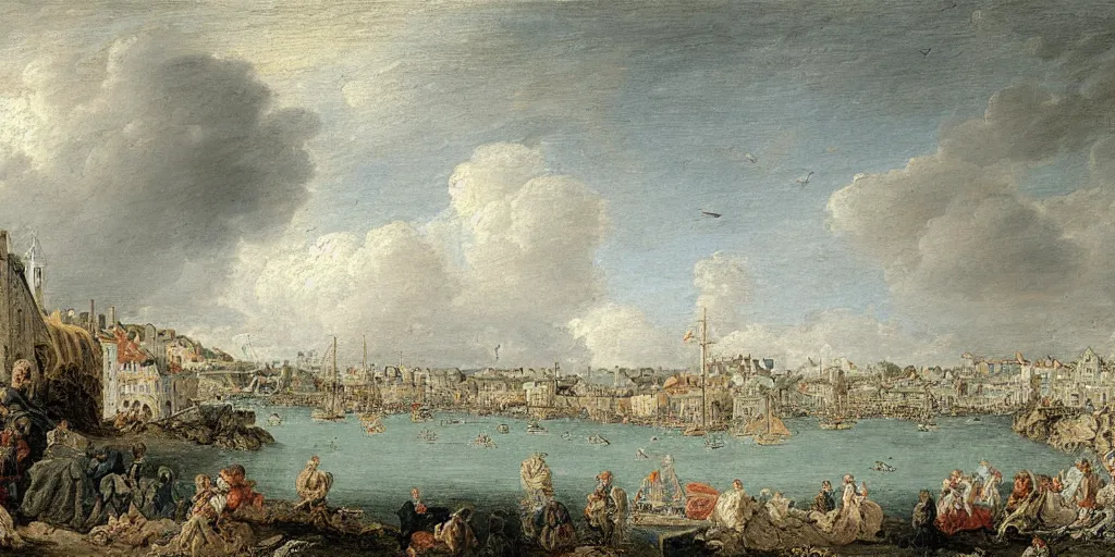 Image similar to a painting of the harbour at St Peter Port, Guernsey, small houses, boats, sea, stormy clouds, by François Boucher, by Antoine Watteau