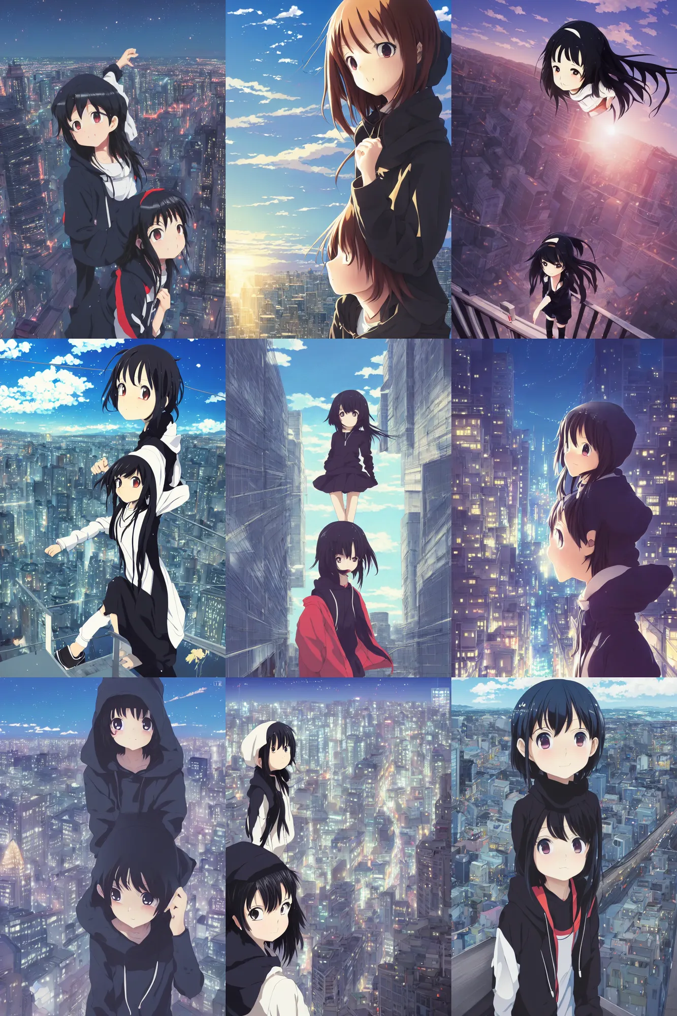 Image similar to anime visual, portrait of a young black haired girl wearing hoodie sightseeing above the city, guardrail, cute face by yoh yoshinari, katsura masakazu, dramatic lighting, dynamic pose, dynamic perspective, strong silhouette, ilya kuvshinov, anime cels, 1 8 mm lens, fstop of 8, rounded eyes, moody, detailed facial features