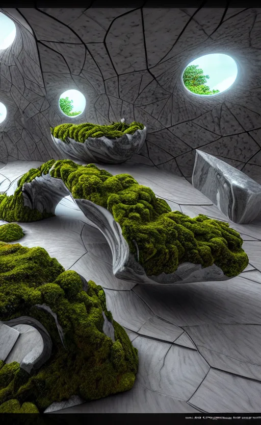 Image similar to highly detailed ultra sharp 3 d render villa interior cinematic composition of a smooth ceramic porcelain biomorphic magnolia stone nebula fluid fractal sci - fi surreal architecture landscape, granite, metallic, magnesium, marble, moss and lichen, vincent callebaut composition, mamou - mani, archviz, beautiful lighting, 8 k, unreal engine, hdr,