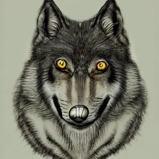 Prompt: realistic portrait of retarded wolf, eyes in different directions, very ugly, stupid