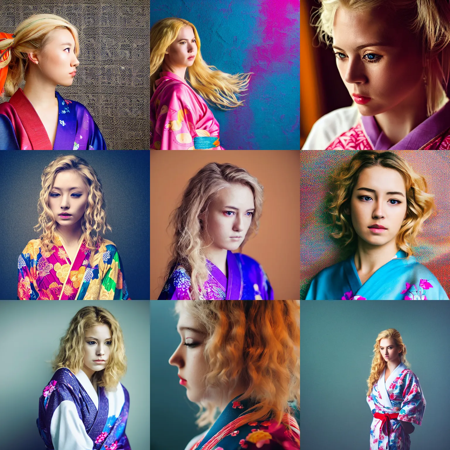 Prompt: stunning, breathtaking, awe - inspiring award - winning portrait of an attractive young white woman with wavy blonde hair, wearing a colorful yukata, extremely moody lighting, 8 k