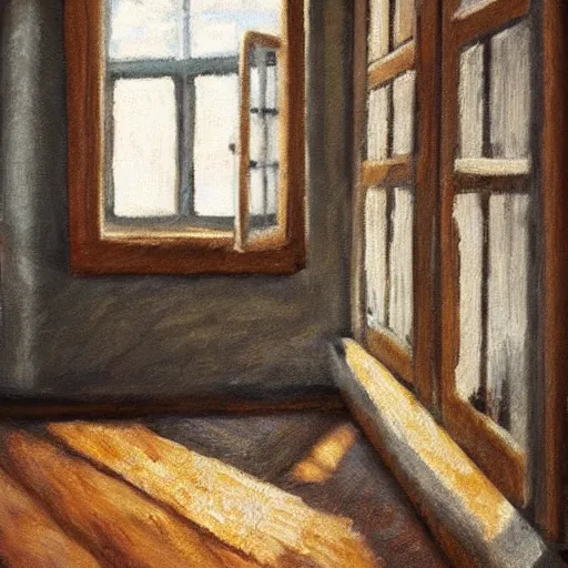 Image similar to oil painting of mostly empty cottage interior, one small window with sunlight shining onto the floor. artistic. cozy. wooden floor. rustic.