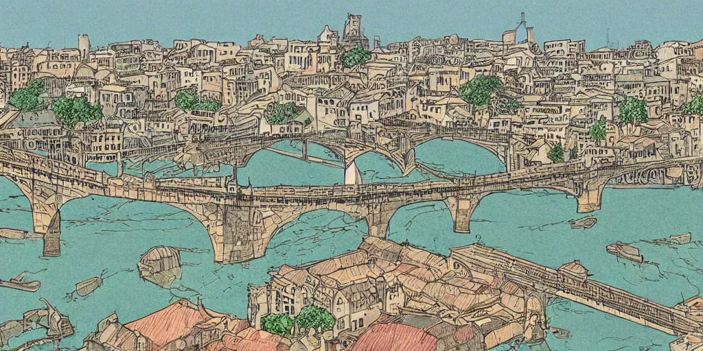 Image similar to Illustration, single long narrow huge ancient city on a narrow sky high bridge, over water, really long, all buildings on bridge