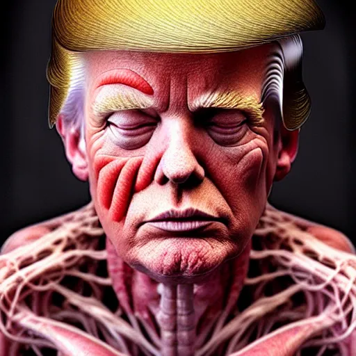 Prompt: Donald Trump with translucent skin, visible muscles and veins and arteries and bones and spine and nerves, beautiful detailed intricate insanely detailed octane render, 8K artistic photography, photorealistic, chiaroscuro, by David Cronenberg, Raphael, Caravaggio