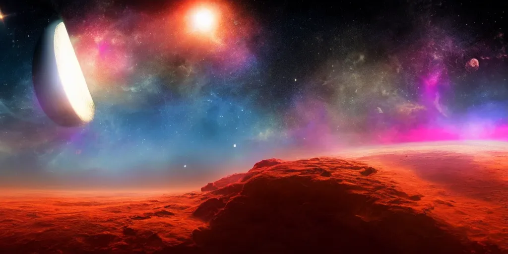 Image similar to moon setting, space, galaxy, milkyway, nebula, Mars, planets, neon, cinematic, realistic, glow, beautiful,