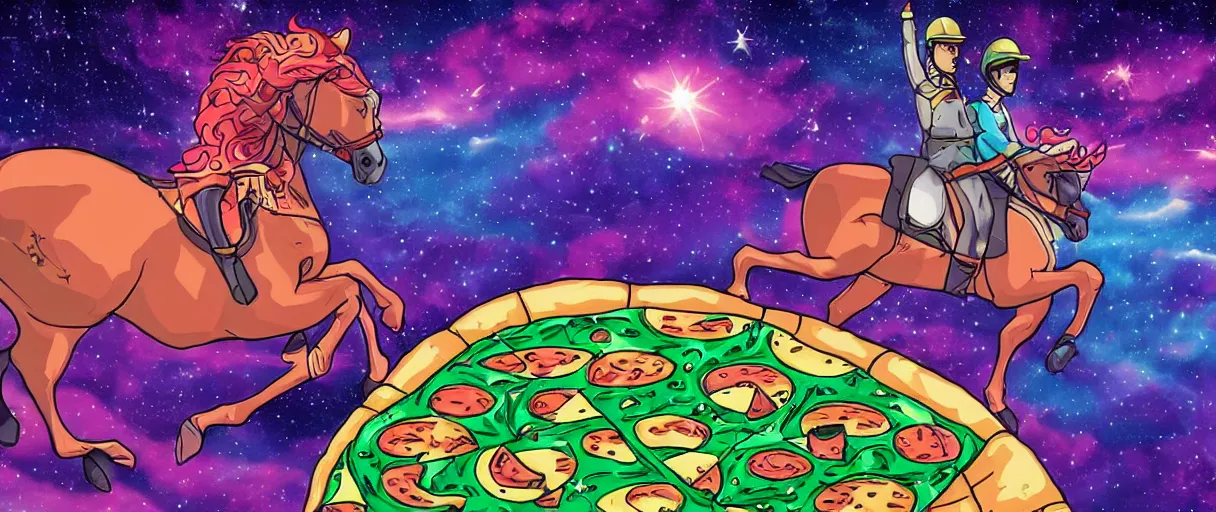 Image similar to a horse riding across the stars on a big pizza, comic style, colorful, 4 k, high details, vaporwave