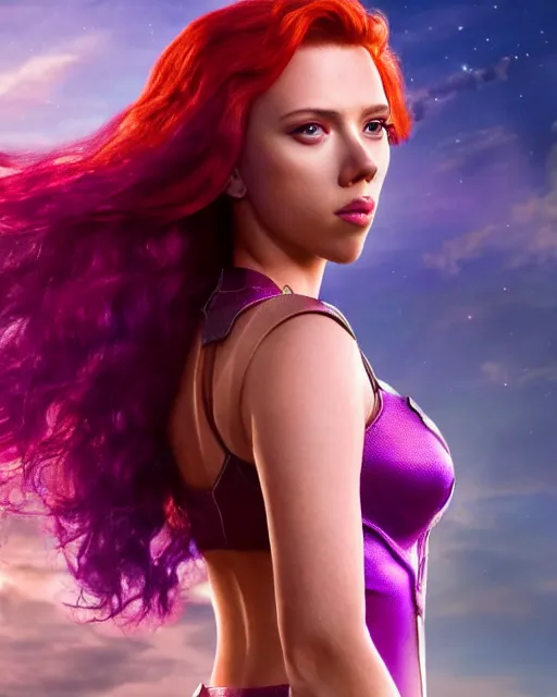 Image similar to scarlett johansson portraying a beautiful starfire, beautiful scarlett johansson starfire, movie, hyper realistic, hollywood promotional image, imax, 8 k