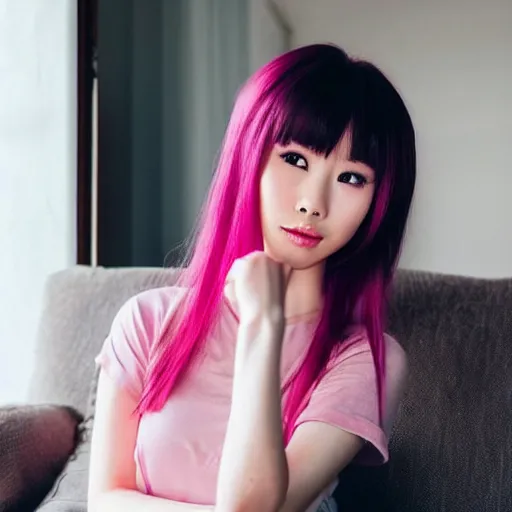 Prompt: selfie photograph of a cute thin petite chinese young woman with light pink hair, long hair, with full bangs, small round face, small nose, porcelain skin tone, red blush, wearing casual clothes, small smile, relaxing on a couch, warm pink living room, medium shot, 8 k, trending on instagram, trending on pinterest, portra 4 0 0