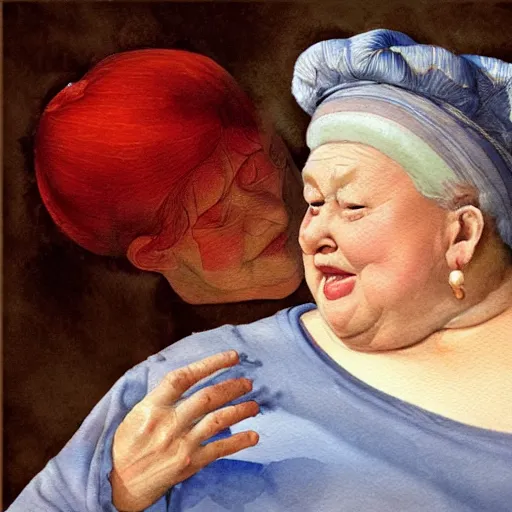 Image similar to a very funny stylize oil painting in renaissance style of a sweet fat old woman kissing her reflection. symmetry face, red mouth, blue eyes. flowery dress. hyper realistic scene. 3 d, octane render, deep focus, white scene. very funny and sweet image. unreal engine. watercolor. fellini style. poster quality. klee style.