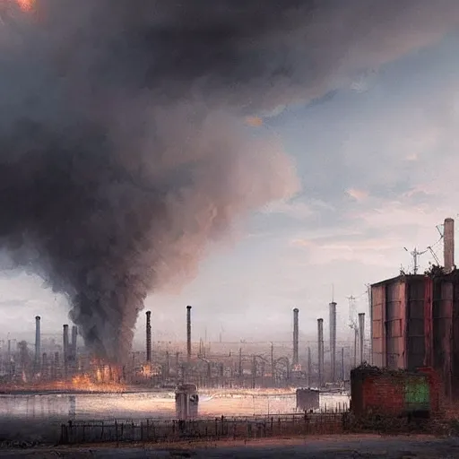 Image similar to a painting of a factory with smoke pouring out of it, a detailed matte painting by jonas de ro, cgsociety, nuclear art, dystopian art, apocalypse art, apocalypse landscape