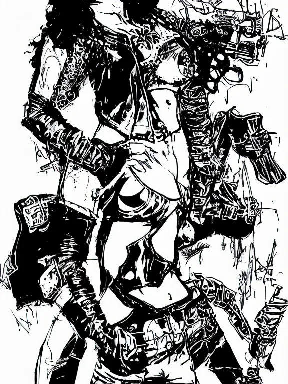 Prompt: portrait full body of chaos punk rock girl, grayscale comic book artstyle by jack kirby