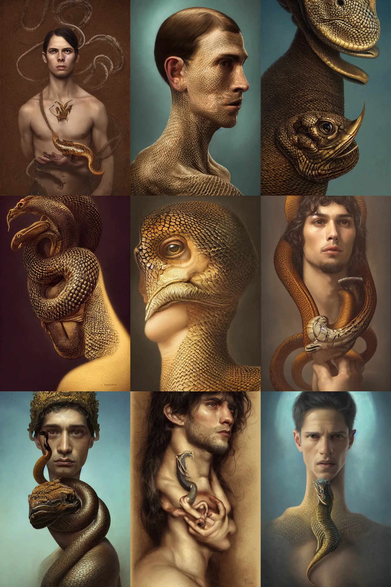 Prompt: a beautiful ultra detailed fine art portrait of a man with a king cobra peeping from behind his neck, front view, by tom bagshaw and anna dittman, studio lighting, golden ratio composition, 3 5 mm lens, deep depth of field, artstation, 8 k