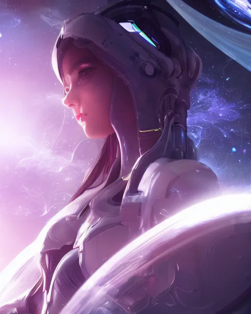 Image similar to photo of a android girl on a mothership, warframe armor, beautiful face, scifi, nebula, futuristic background, galaxy raytracing, dreamy, focused, sparks of light, pure, long white hair, blue cyborg eyes, glowing, 8 k high definition, insanely detailed, intricate, innocent, art by akihiko yoshida, antilous chao, woo kim