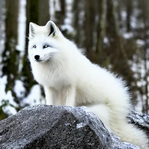 Prompt: well fluffy white fox on rock, forest, snowy, photo