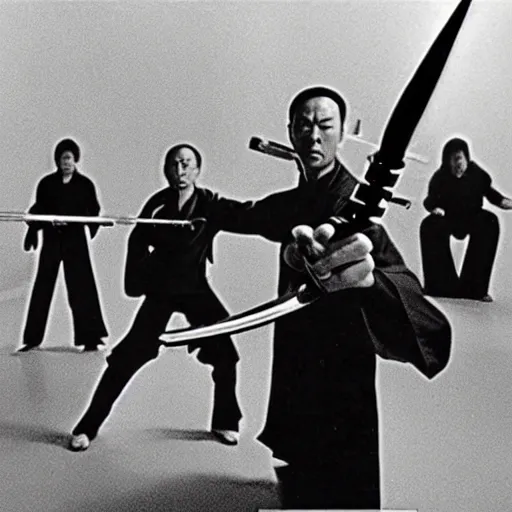 Image similar to 1 9 7 0's kung fu movie, a futuristic cyborg priest fighting a vicious gang of demons using laser nunchucks