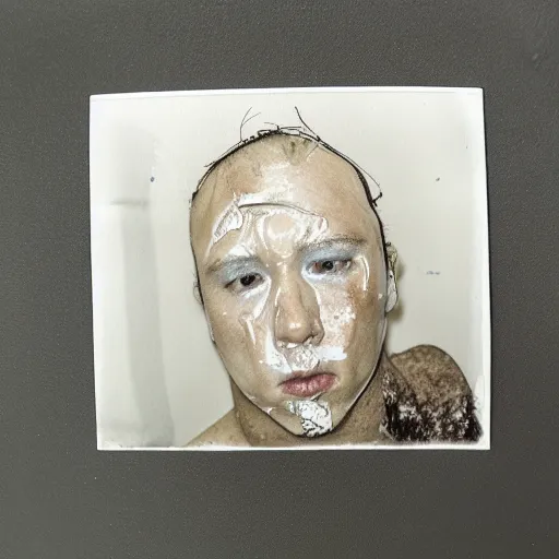 Image similar to a liquid white clay porcelain portrait of a dude face melt down flow go runny, realistic detailed watercolor polaroid, grainy image, contrast