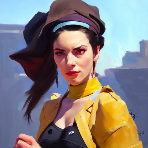 Image similar to greg manchess portrait painting of abigale shapiro as overwatch character, medium shot, asymmetrical, profile picture, organic painting, sunny day, matte painting, bold shapes, hard edges, street art, trending on artstation, by huang guangjian and gil elvgren and sachin teng