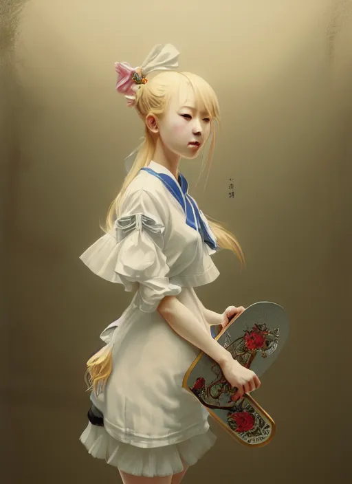 Image similar to symmetry!! portrait of a pretty japanese girl with blonde hair dressed as a french maid skateboarding, elegant, highly detailed, digital painting, 8 k, concept art, smooth, sharp focus, illustration, ethereal, misty, octane render, by ruan jia and greg rutkowski and alphonse mucha